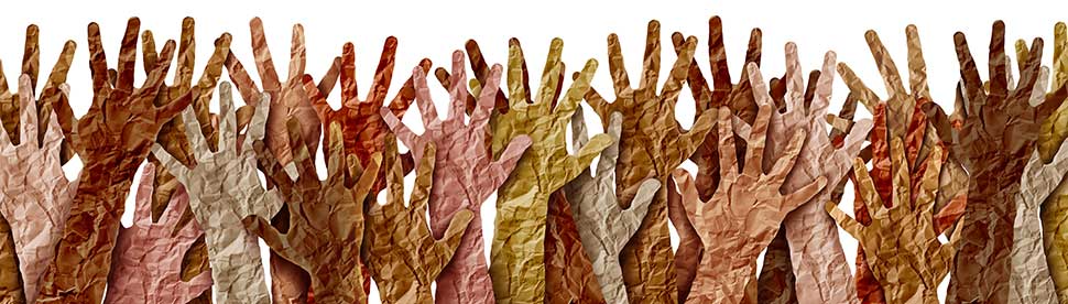 crinkled paper style abstract image of hands in many colors readching up